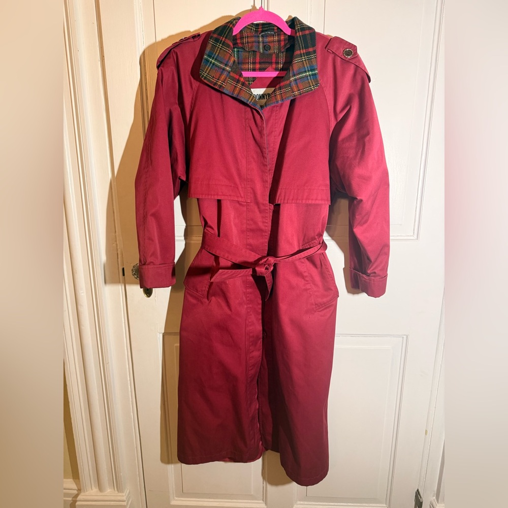 Vintage Red Trench Coat with Plaid lining